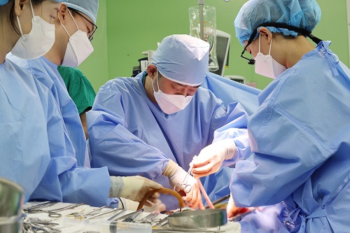 Professor Kwon Jun-gyo is performing artificial blood vessel replacement surgery on patients with abdominal aortic aneurysms. While the surgery has a low risk of recurrence after the first procedure, patients must endure pain and bleeding due to the extensive incision.