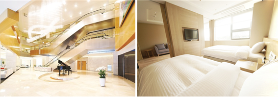 The lobby of the International Diagnostic Center (left) and the interior of the dedicated inpatient ward for overnight examinations. The International Diagnostic Center is also designed with indirect lighting and log colors that are easy on the eyes. The dedicated inpatient ward for overnight examinations is equipped with facilities that are as good as a hotel for the convenience of the examiners.