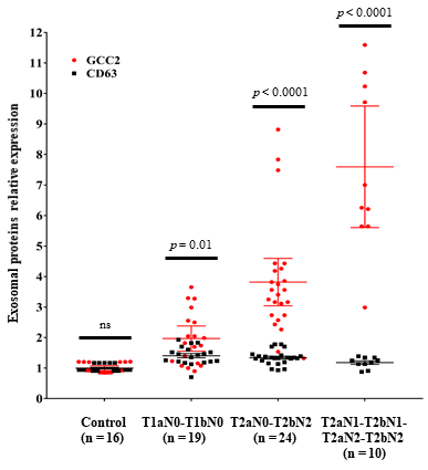Comparing the expression levels of exosome markers CD63 and GCC2 in the patient's plasma endorsed the increased expression level of GCC2 along with the lung cancer stage progressed. Also, 90% of the sensitivity and 75% of the specificity from ROC analysis of T1aN0-T1bN0 (stage1) lung cancer confirmed its superiority as an early diagnostic marker.
