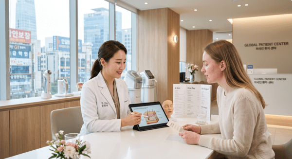 An international visitor consults a skin-care professional; generative AI illustration